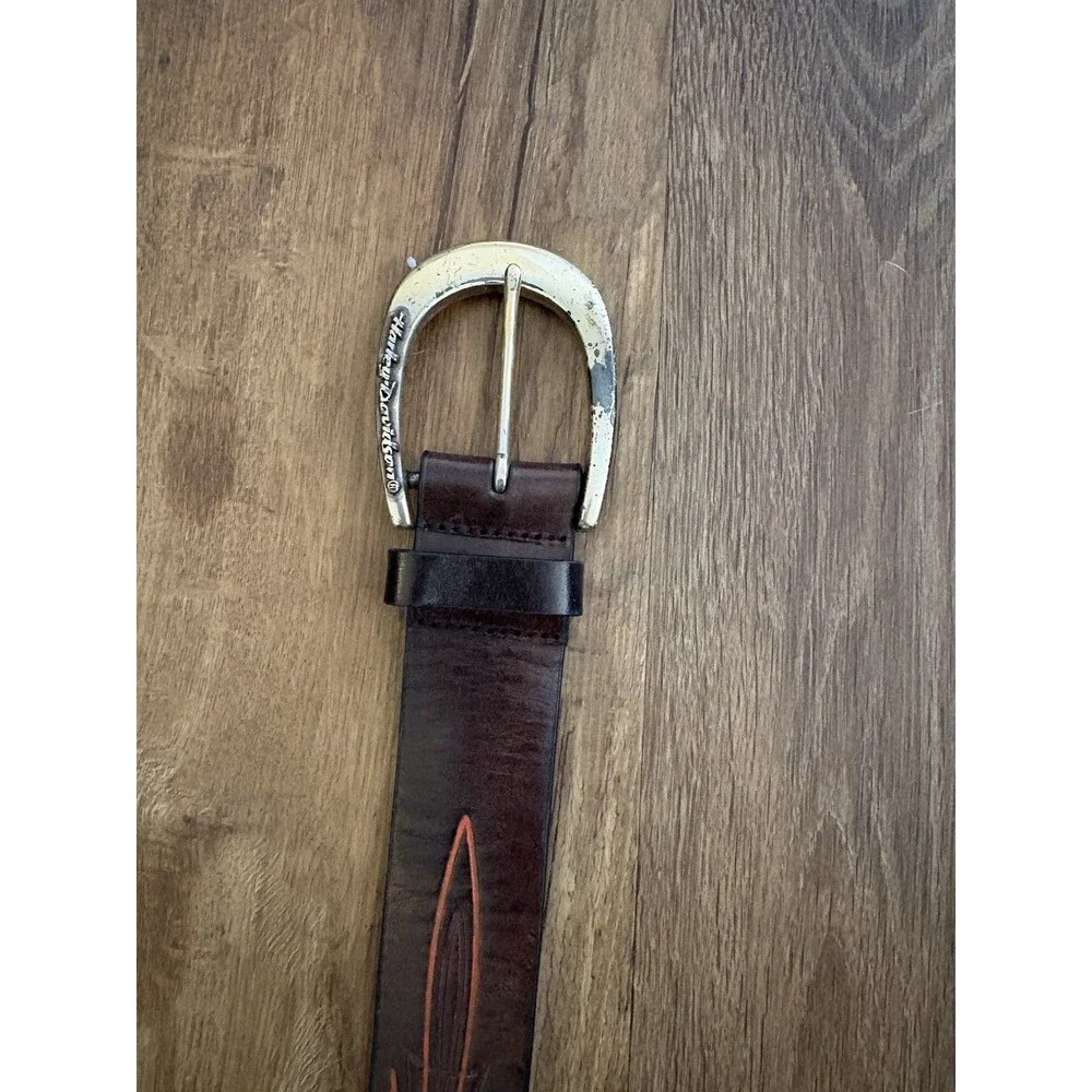 Harley-Davidson Mens Leather Belt 40” Brown Red Pinstripe Horseshoe Buckle VTG